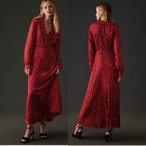 Scotch & Soda Anthropologie Rouge Red Floral Print pleated maxi Dress New $220